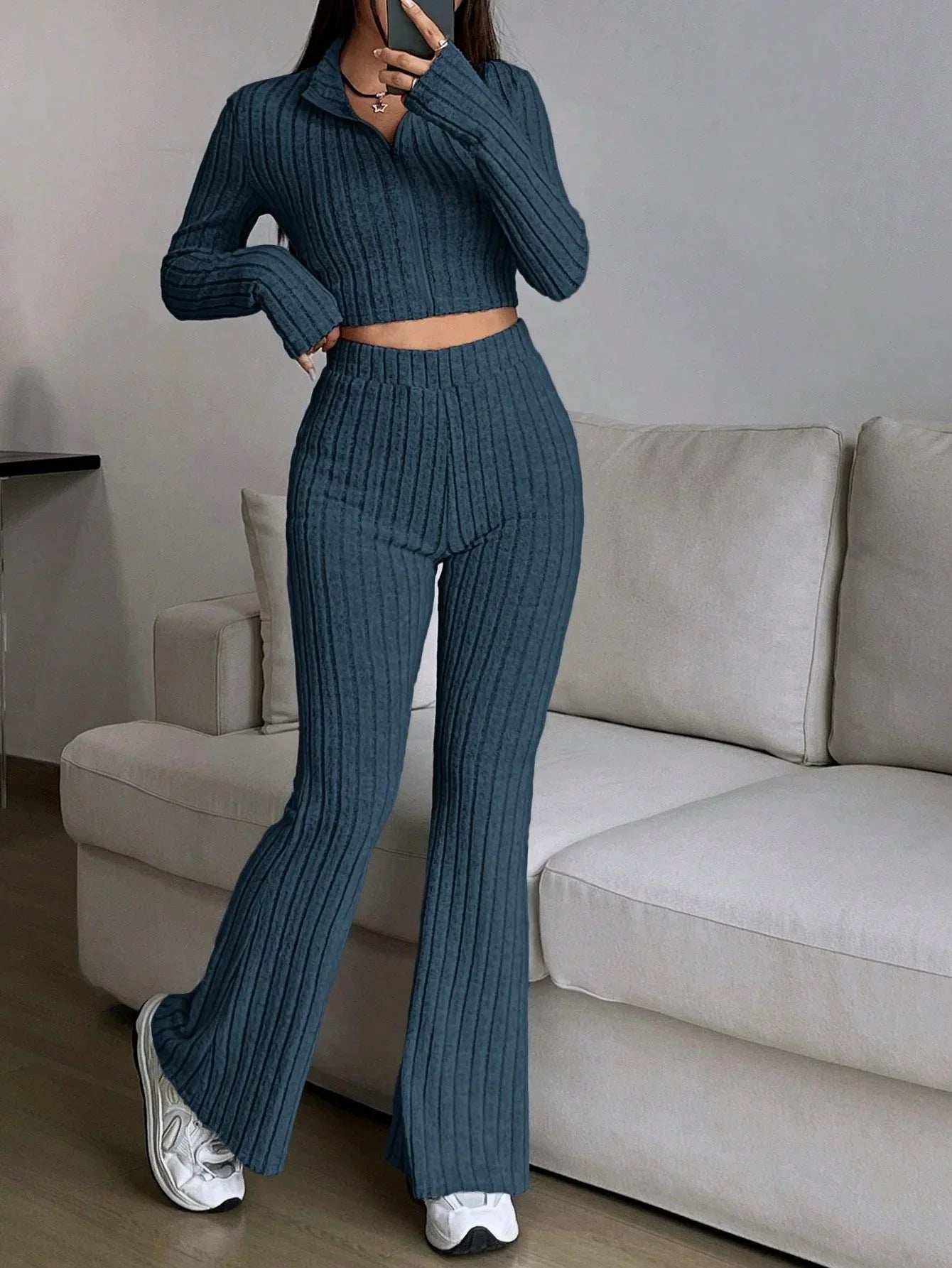 Vintage Moss Ribbed Knit Two-Piece Set - TEVQA