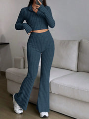 Vintage Moss Ribbed Knit Two-Piece Set - TEVQA