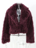 Vamp Burgundy Shaggy Faux Fur Cropped Jacket - TEVQA
