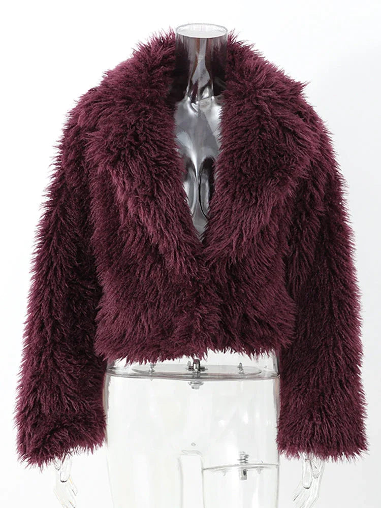 Vamp Burgundy Shaggy Faux Fur Cropped Jacket - TEVQA