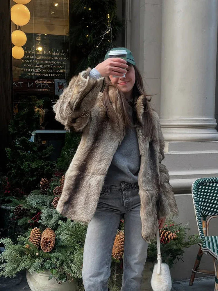 Vintage Natural Stripe Faux Fur Jacket - TEVQA