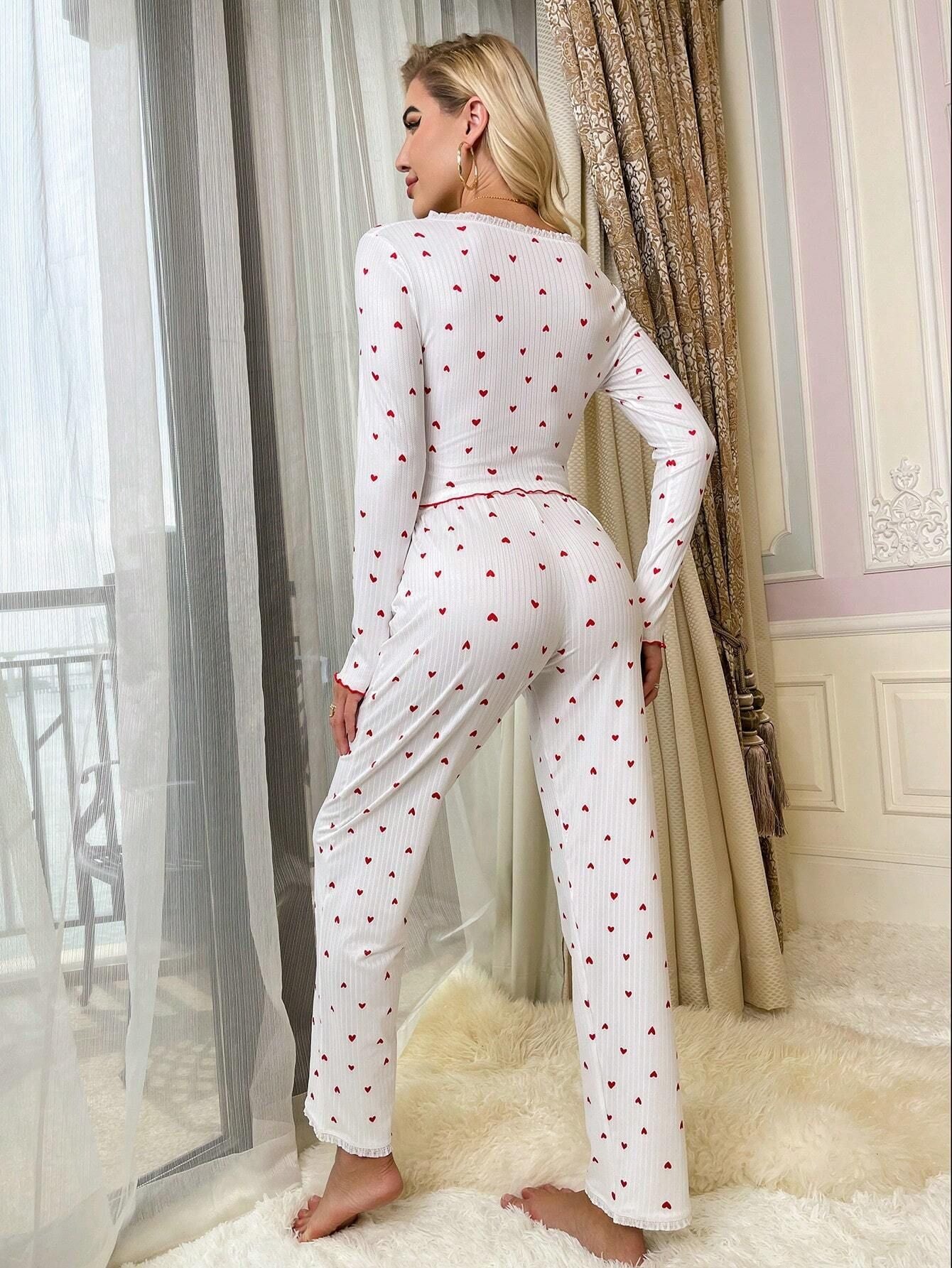 Coquette Red Heart Print Ribbed Pajama Set
