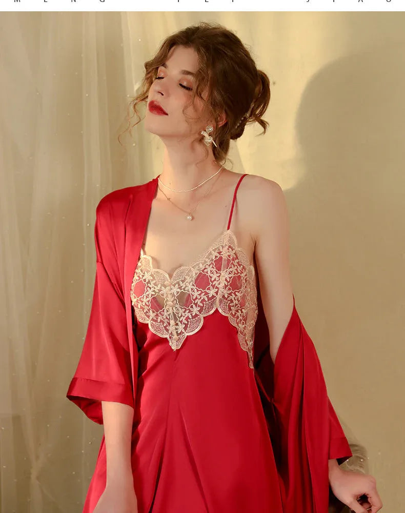 Satin Lace Robe and Slip Dress Set - View 9 | TEVQA