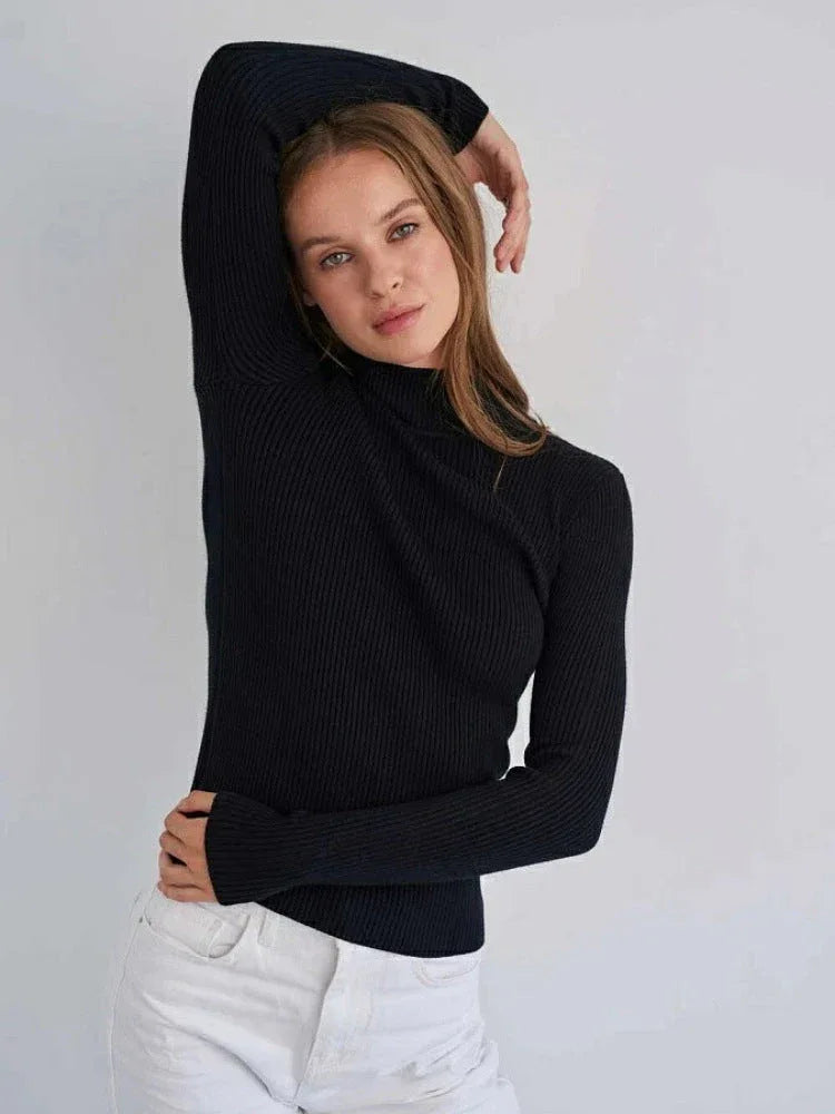 Soft Ribbed Mock Neck Sweater - View 7 | TEVQA