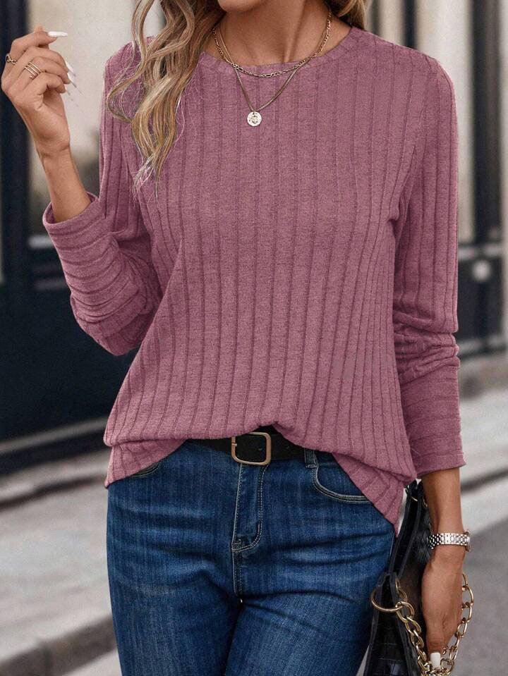 Oatmeal Ribbed Knit Crew Neck Top - View 11 | TEVQA