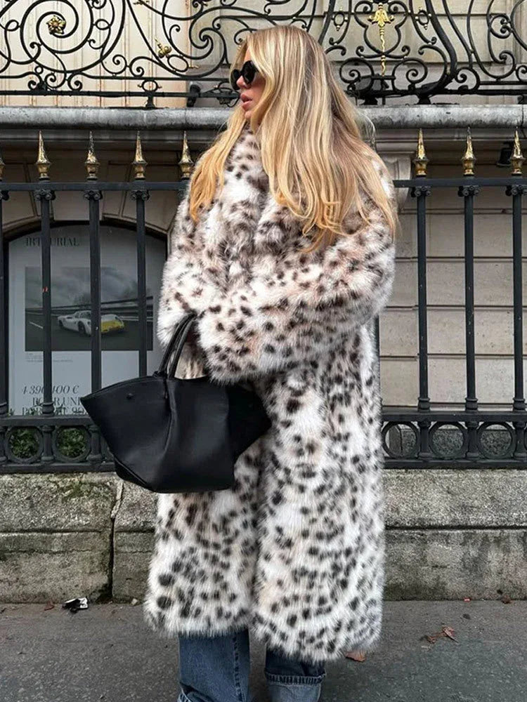 Vintage Leopard Print Long Faux Fur Coat - TEVQA