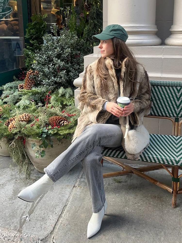 Vintage Natural Stripe Faux Fur Jacket - TEVQA