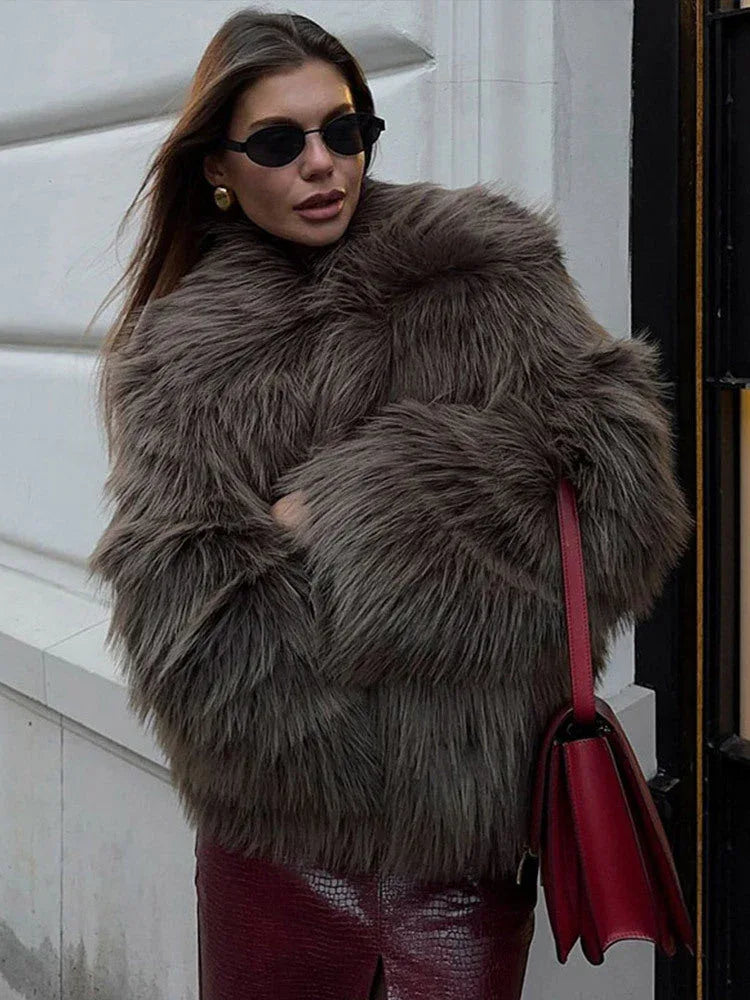 dark taupe shaggy faux fur jacket - View 8 | TEVQA