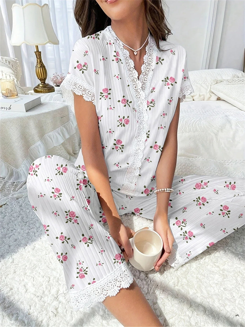 Cherry print ribbed pajama set with lace trim - View 26 | TEVQA