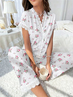 Cherry print ribbed pajama set with lace trim - View 26 | TEVQA