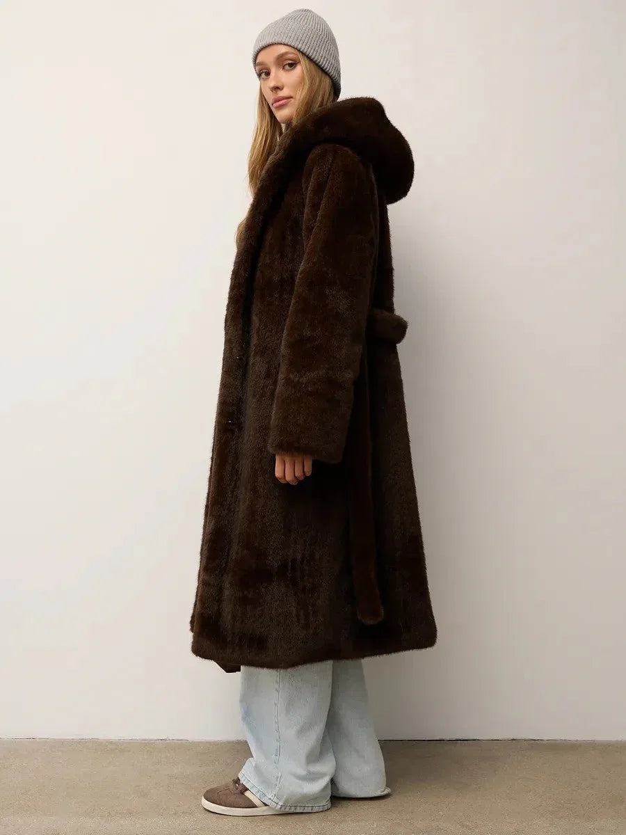 Luxurious Chocolate Faux Mink Long Coat - TEVQA