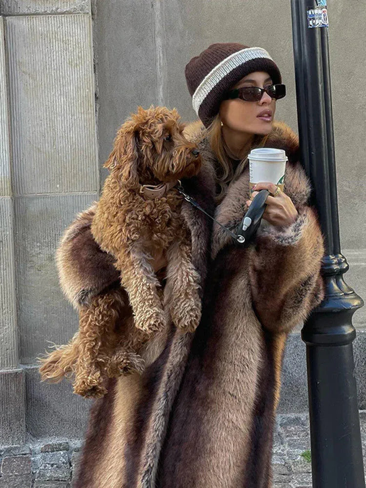 Vintage-Inspired Striped Faux Fur Long Coat - TEVQA