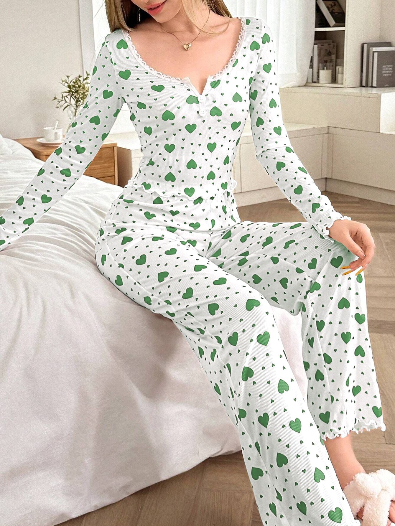 Pink Heart Print Ribbed Henley Pajama Set