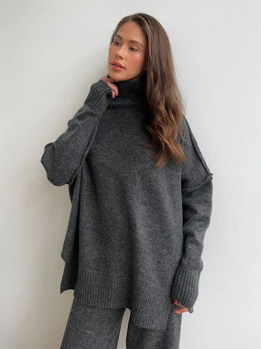 Turtleneck & Wide Leg Knit Two-Piece Set - TEVQA