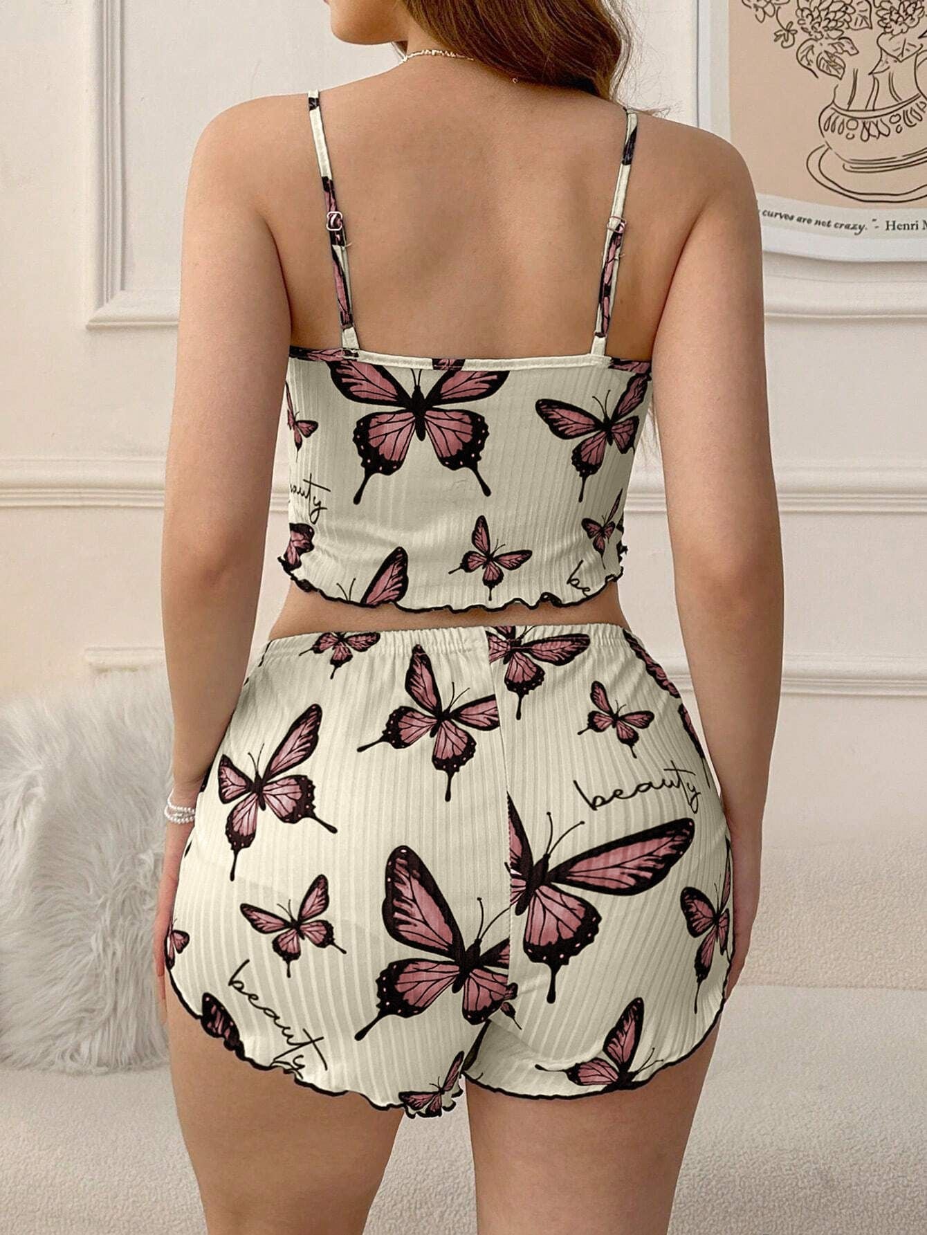 Blue Butterfly Print Ribbed Cami & Shorts Set