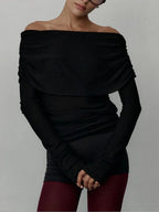 Fold-Over Off-Shoulder Ribbed Knit Top - View 8 | TEVQA
