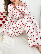 Ribbed Heart Print Pajama Set - View 13 | TEVQA