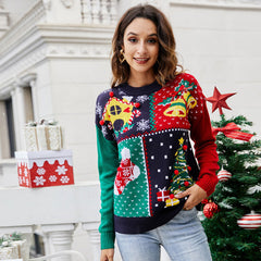 Festive Colorblock Patchwork Holiday Knit Sweater
