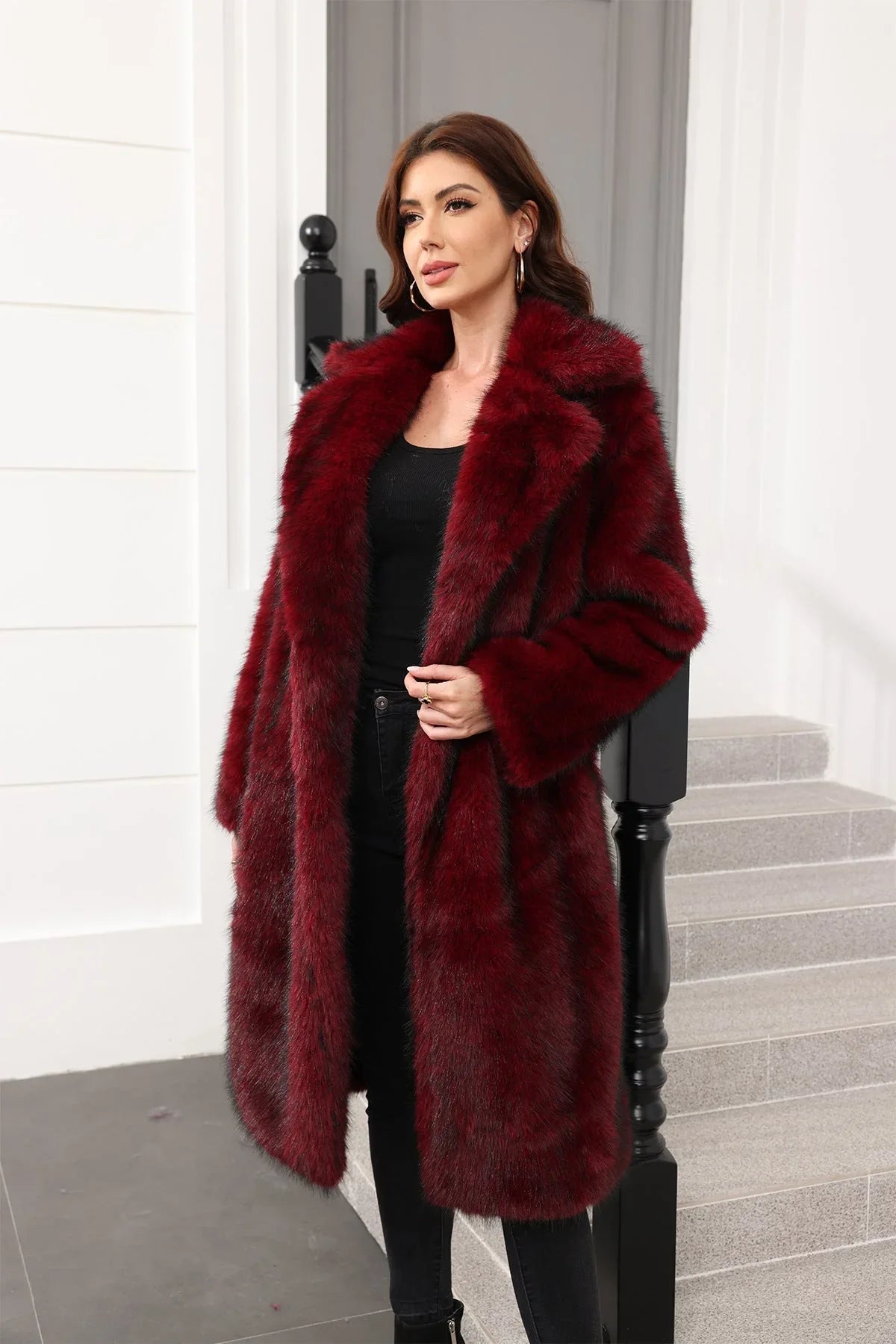 Long Faux Fur Lapel Coat - View 6 | TEVQA