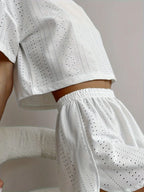 White Hollow Out Eyelet Lounge Set - TEVQA