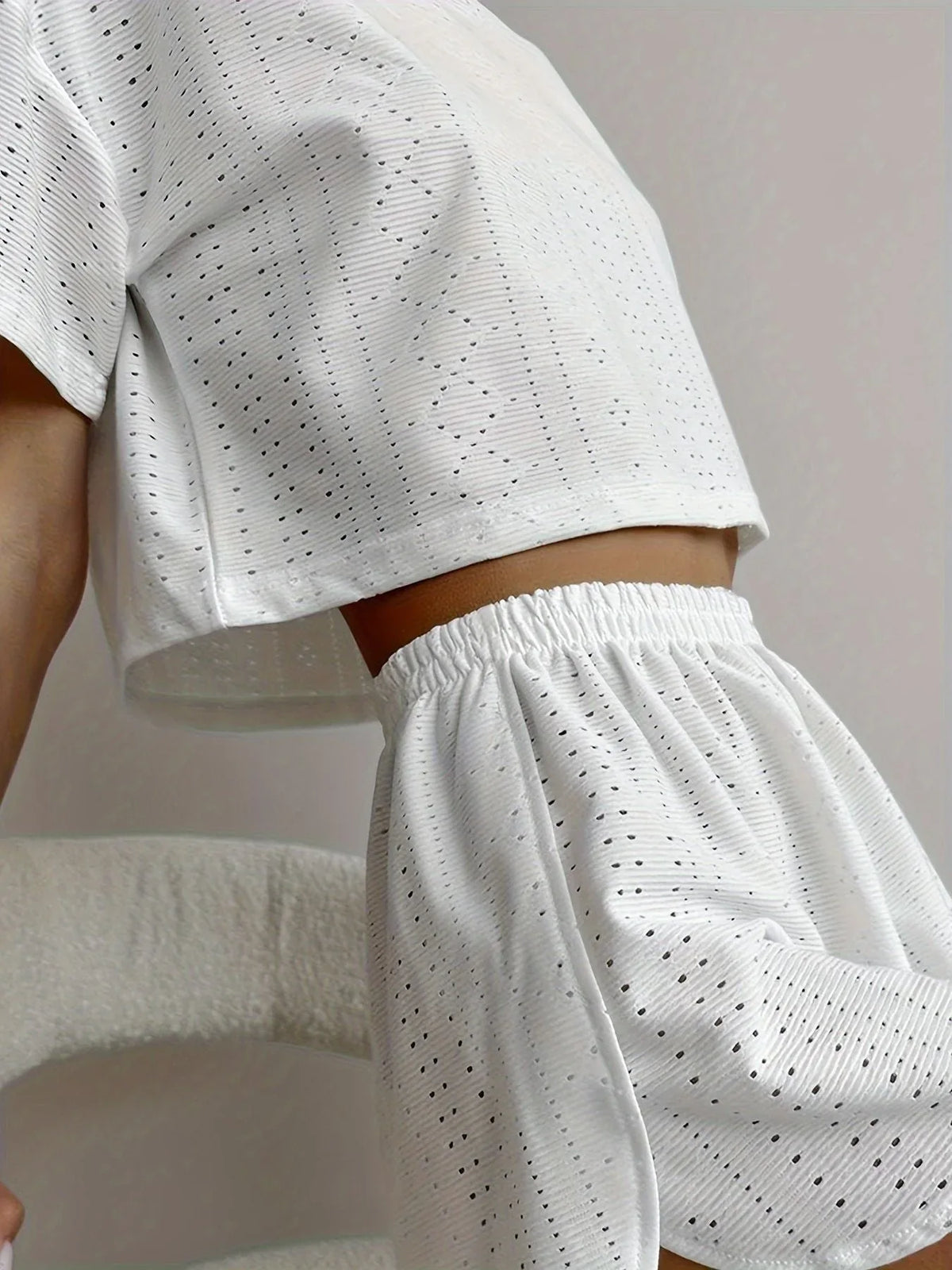 White Hollow Out Eyelet Lounge Set - TEVQA