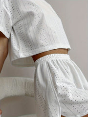 White Hollow Out Eyelet Lounge Set