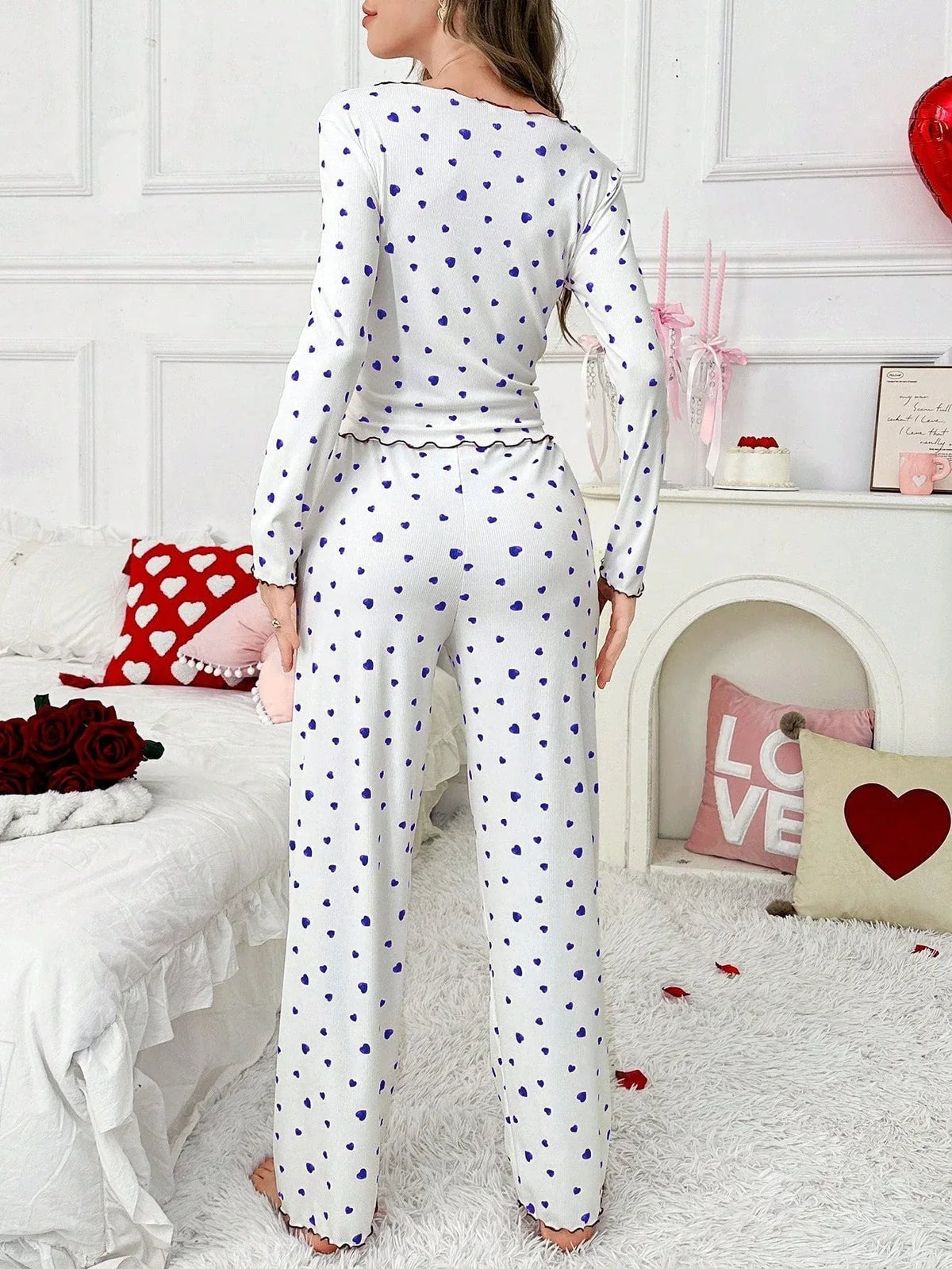 Ribbed Heart Print Pajama Set - View 26 | TEVQA