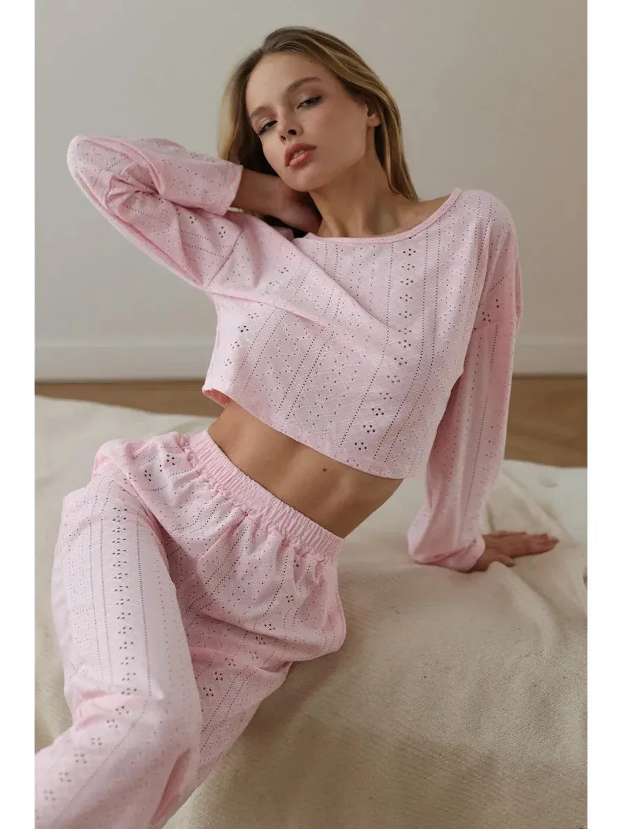 Coquette Aesthetic Pink Eyelet Lounge Set - TEVQA