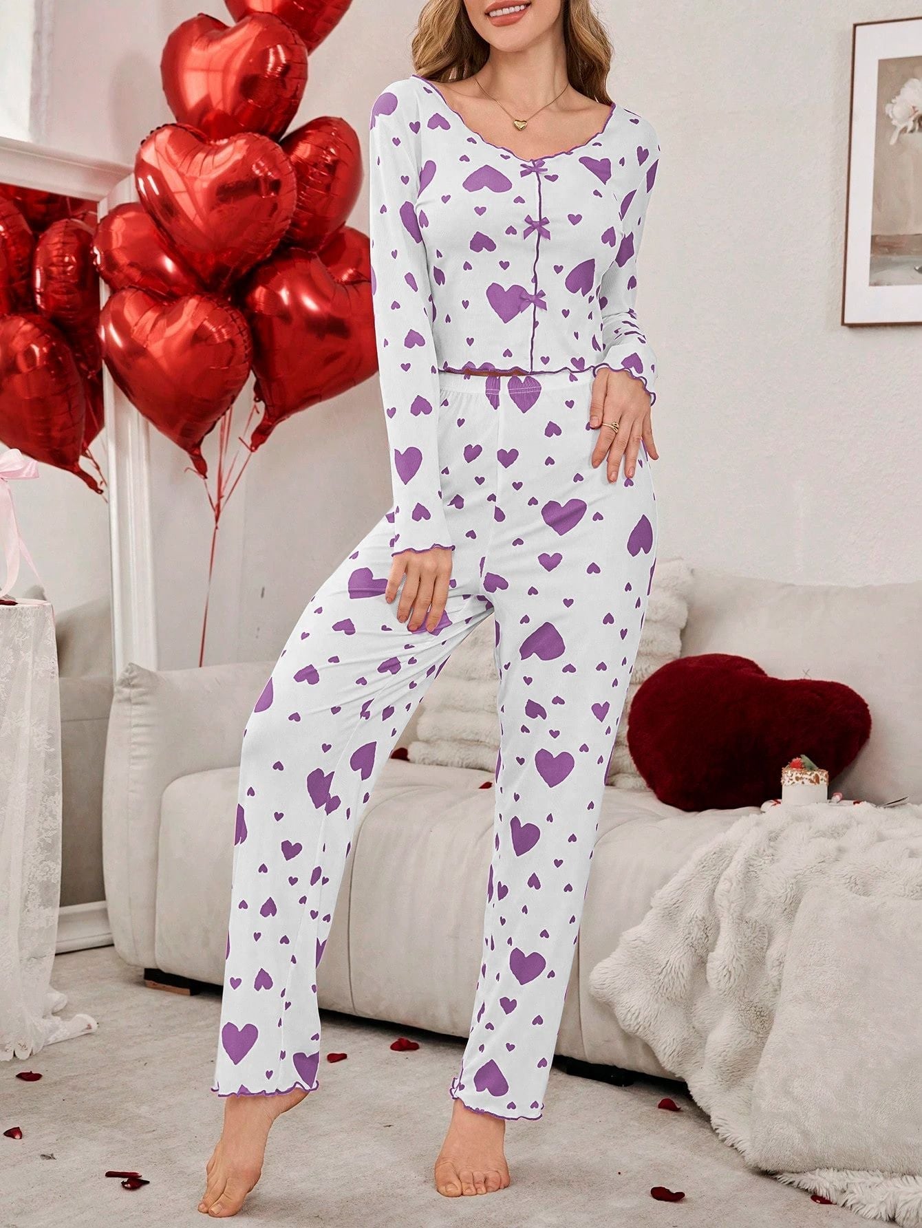 Coquette Bold Heart Print Ribbed Pajama Set