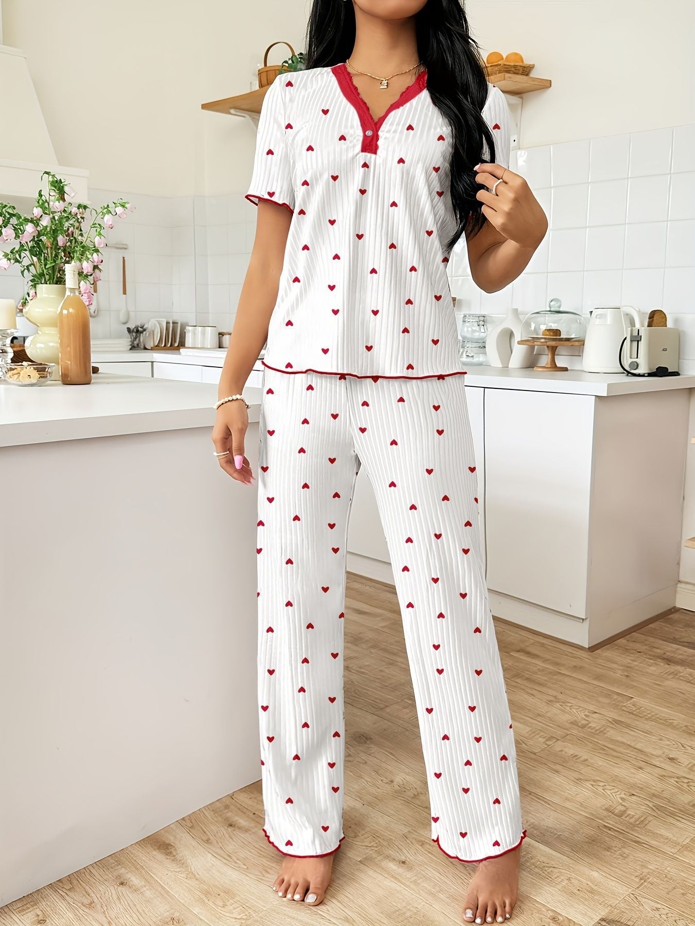 Heart Print Ribbed Lounge Set