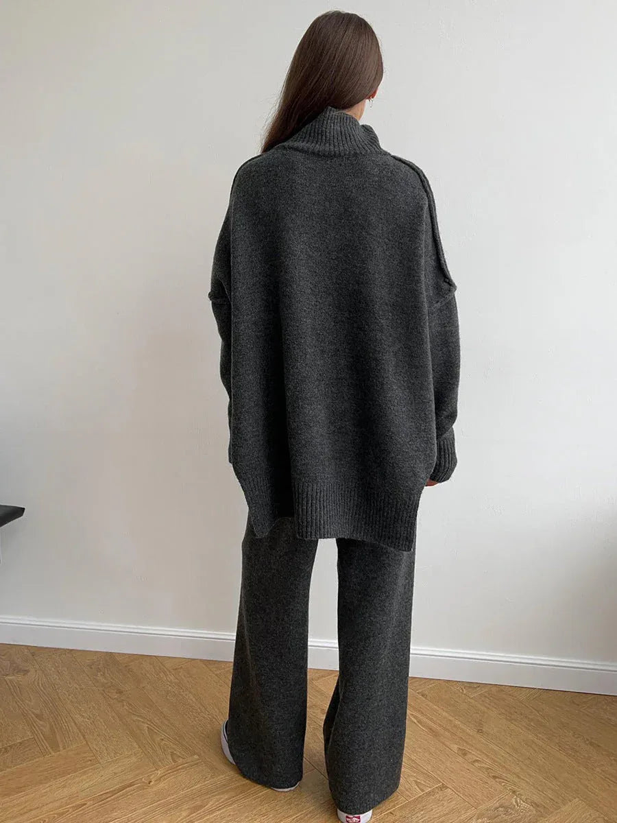 Turtleneck & Wide Leg Knit Two-Piece Set - TEVQA