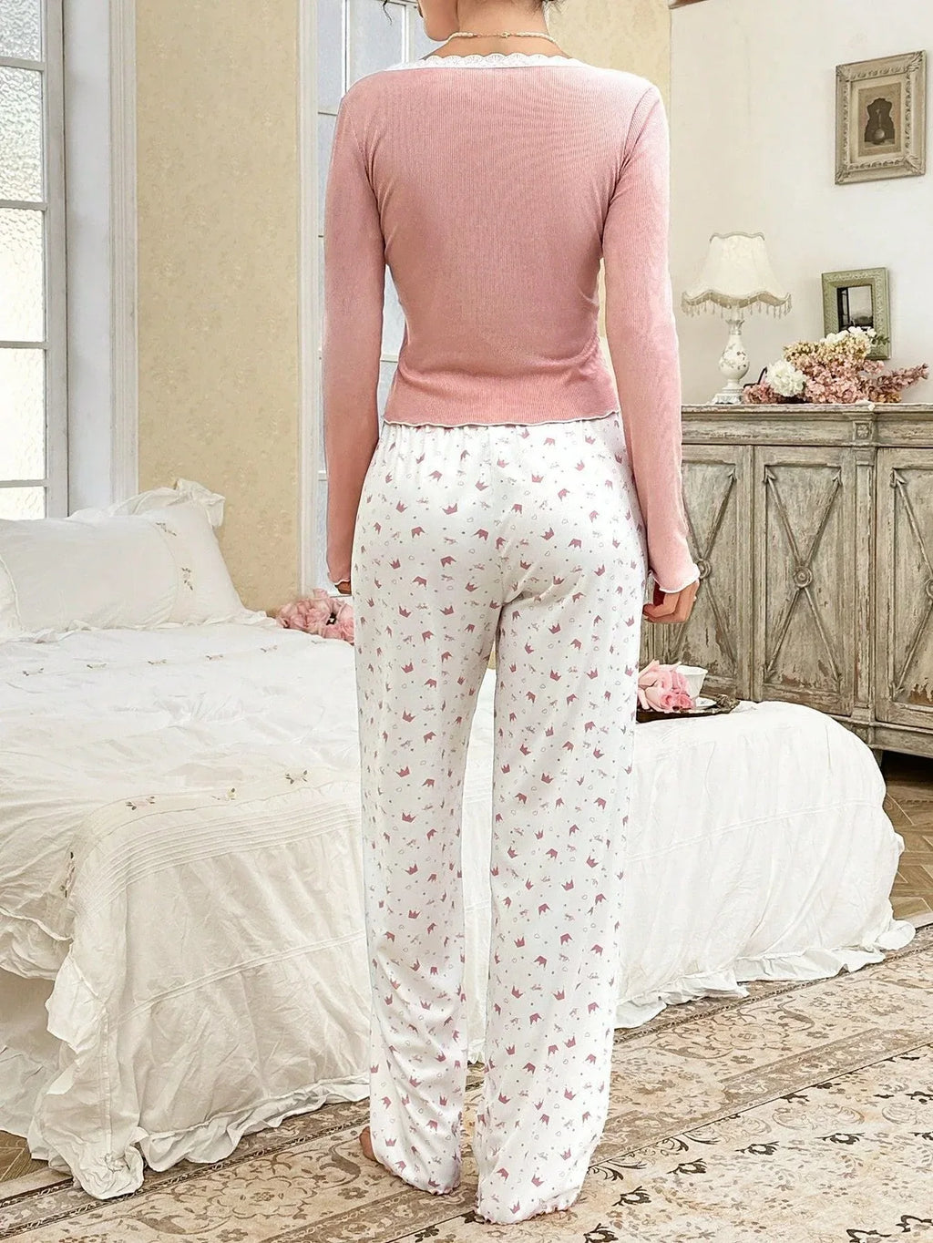 Ribbed knit pajama set with lace trim henley top and crown print bottoms - View 7 | TEVQA