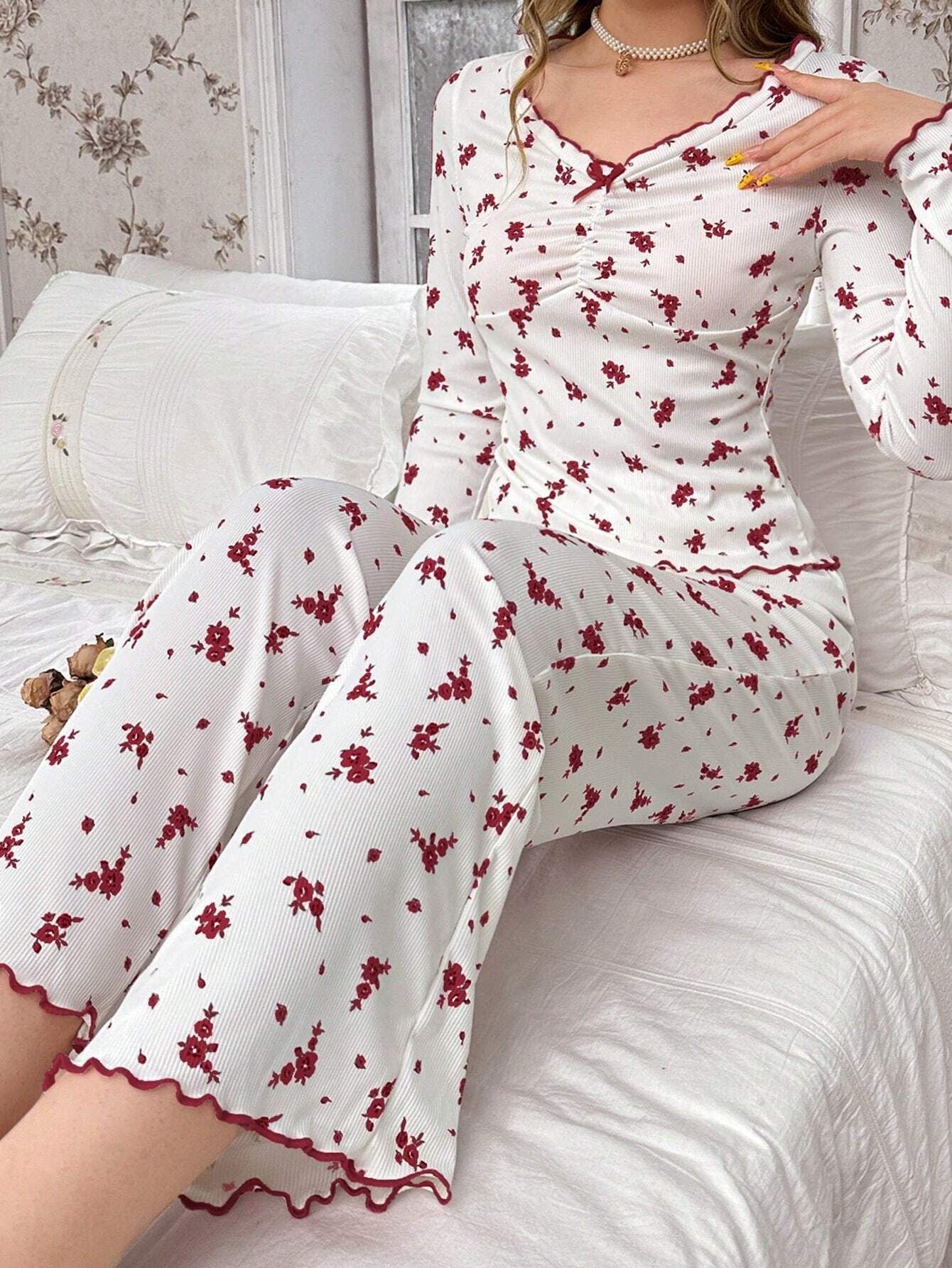 Coquette Ditsy Floral Ribbed Knit Pajama Set