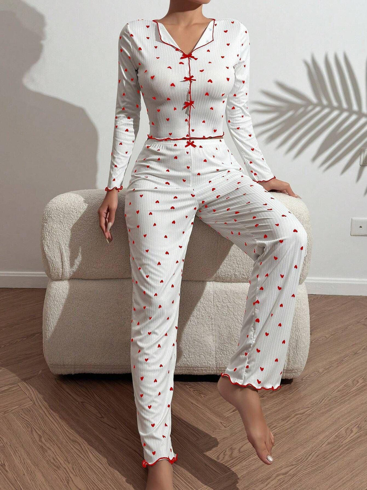 Ribbed Heart Print Pajama Set - View 16 | TEVQA