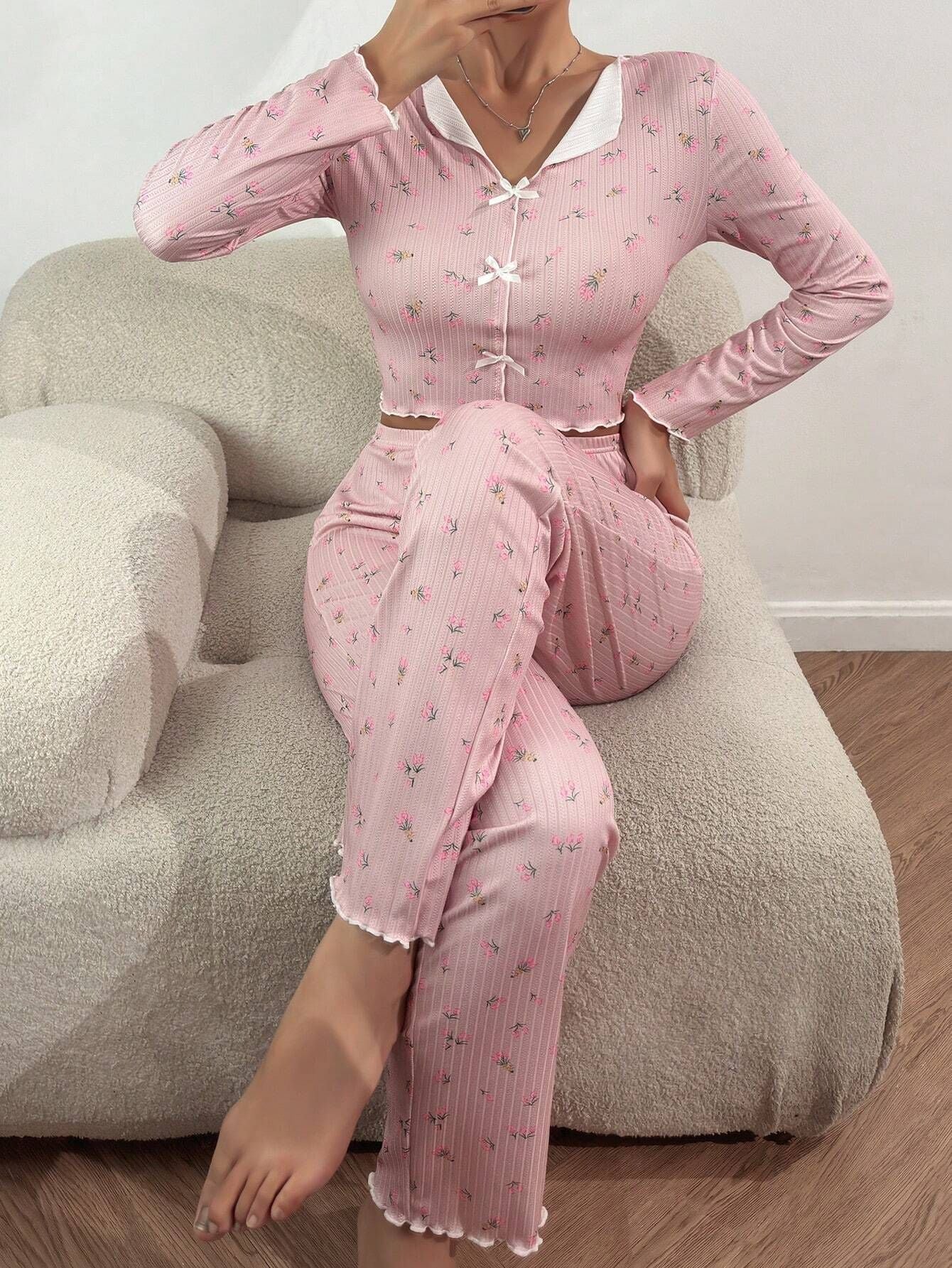 Tulip Floral Ribbed Henley Pajama Set