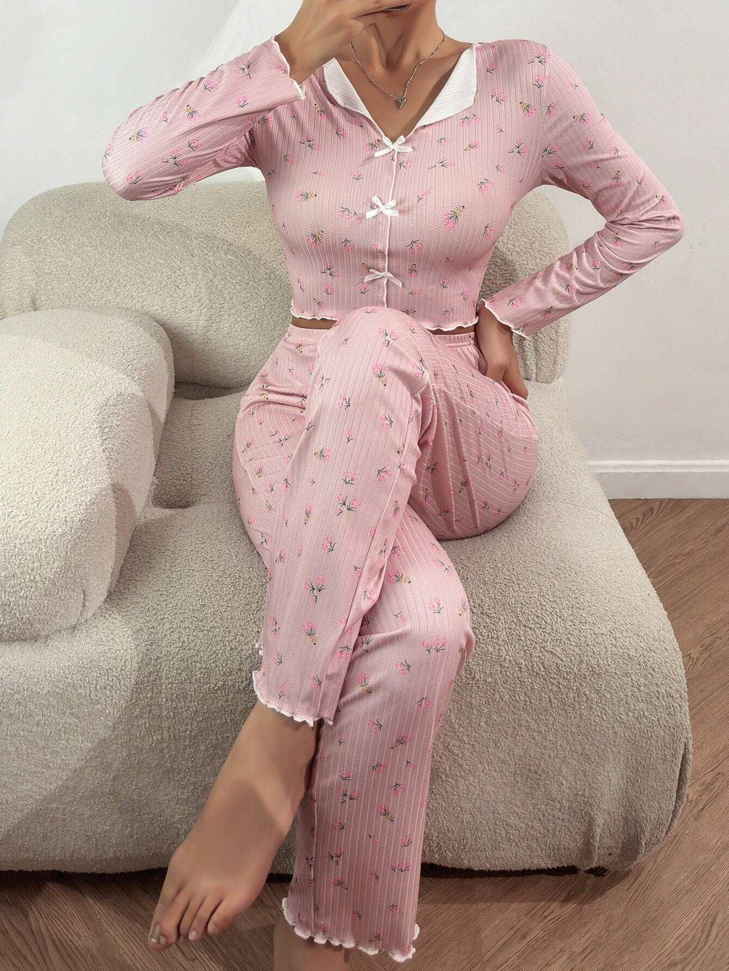 Tulip Floral Ribbed Henley Pajama Set - TEVQA