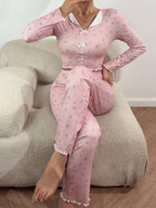 Tulip Floral Ribbed Henley Pajama Set - TEVQA