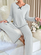Ribbed Pajama Set with Contrast Trim - View 19 | TEVQA