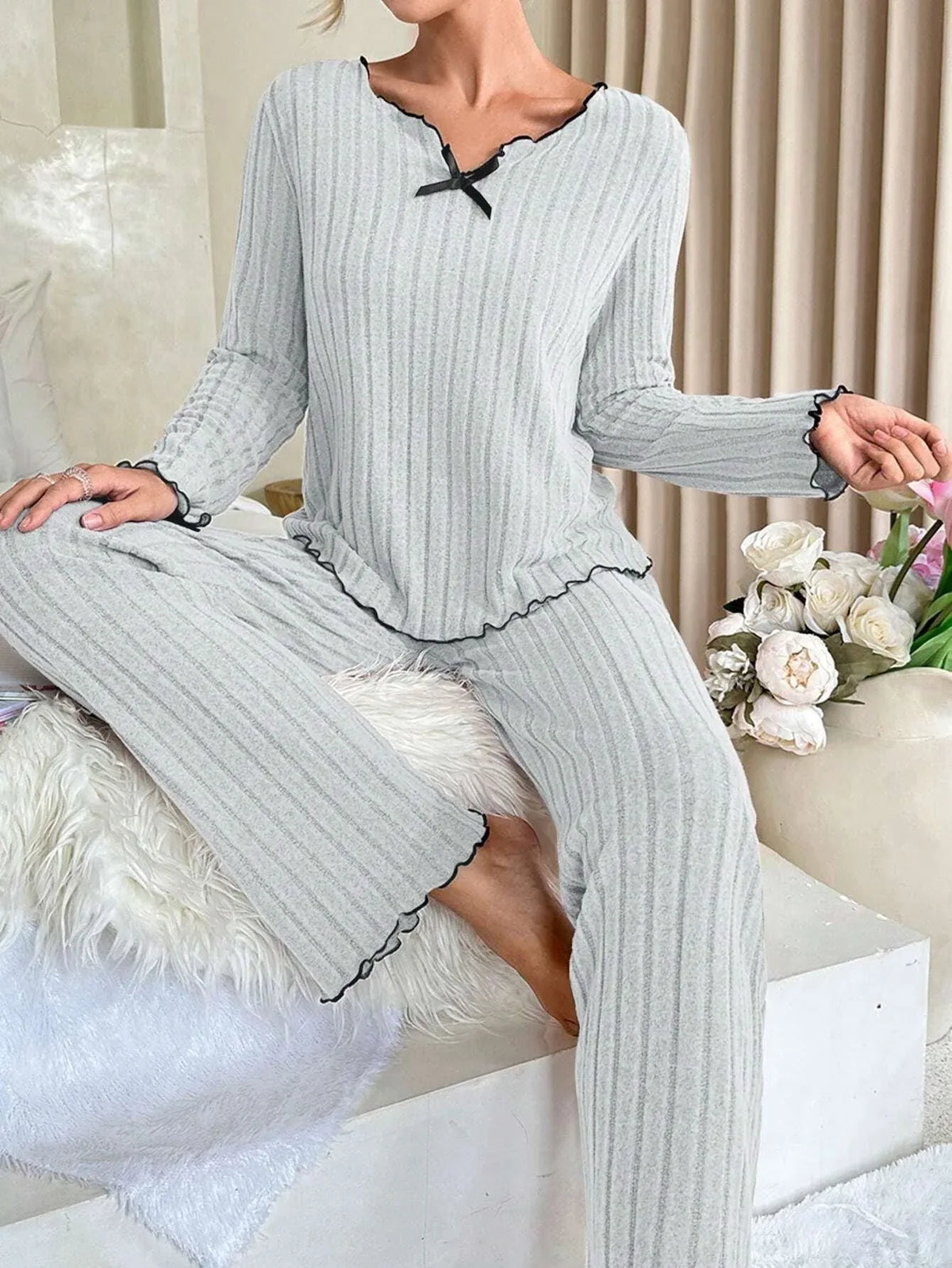 Ribbed Pajama Set with Contrast Trim - View 19 | TEVQA