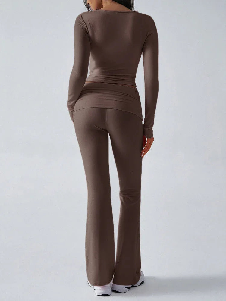 V-Neck Crop Top and Fold-Over Flare Pants Set - View 18 | TEVQA
