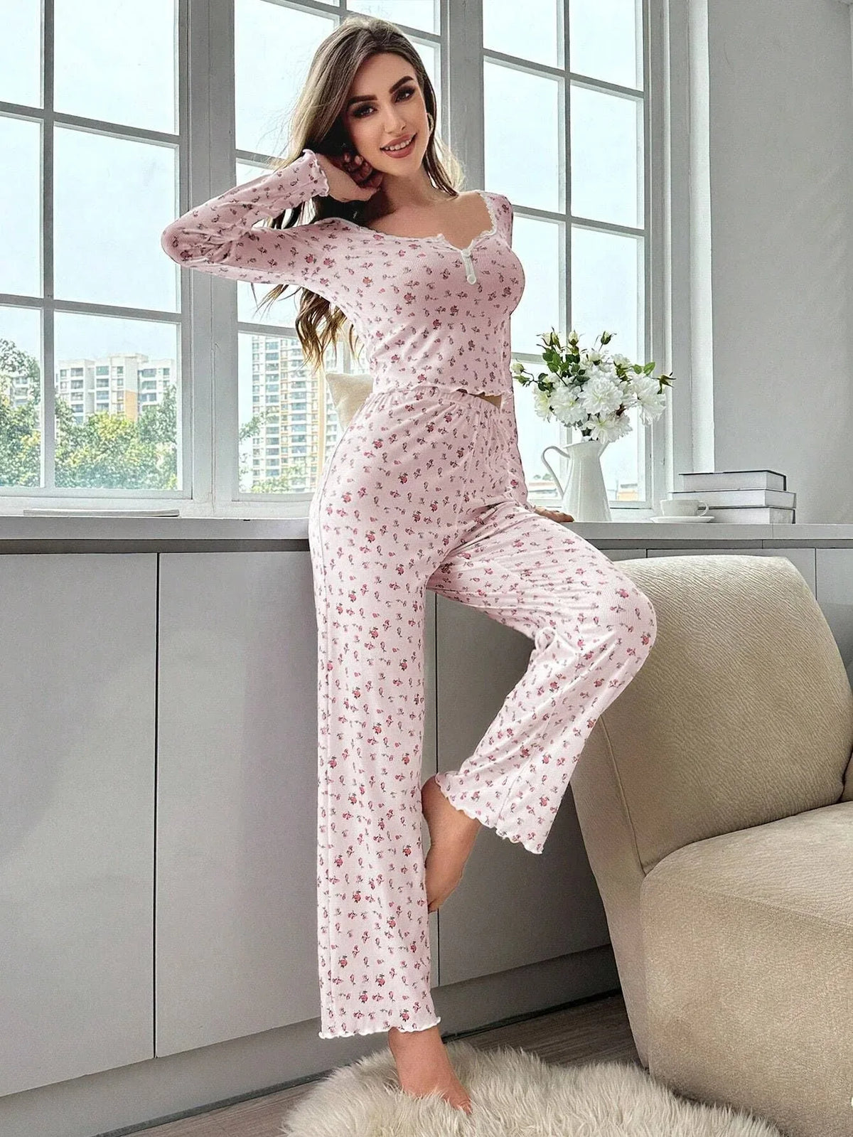 Ditsy floral ribbed henley pajama set - View 8 | TEVQA