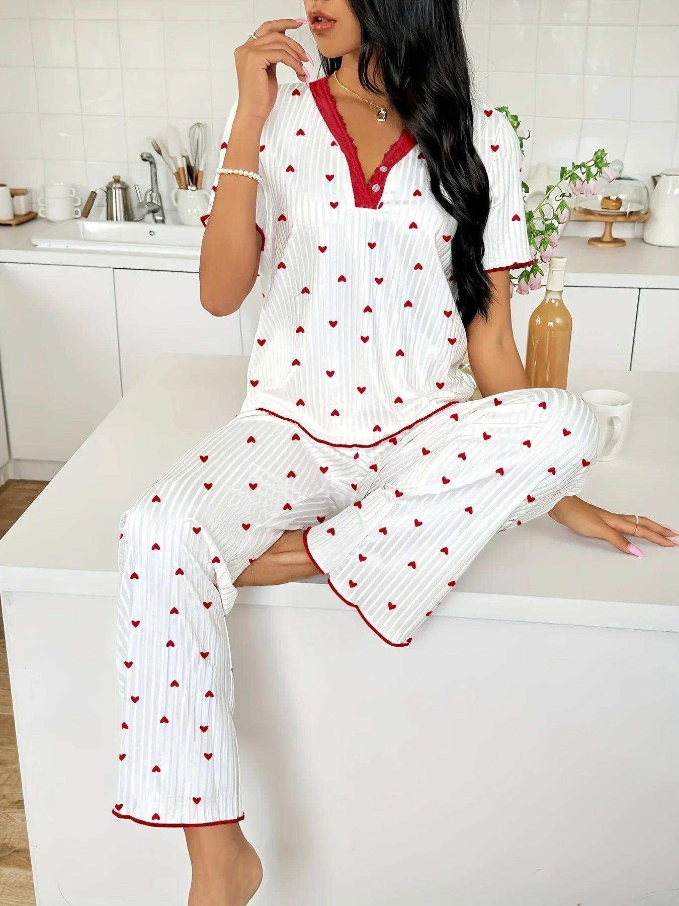 Ribbed Heart Print Lounge Set Secondary image