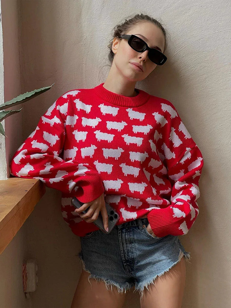 Whimsical Sheep Jacquard Knit Sweater - TEVQA Main image