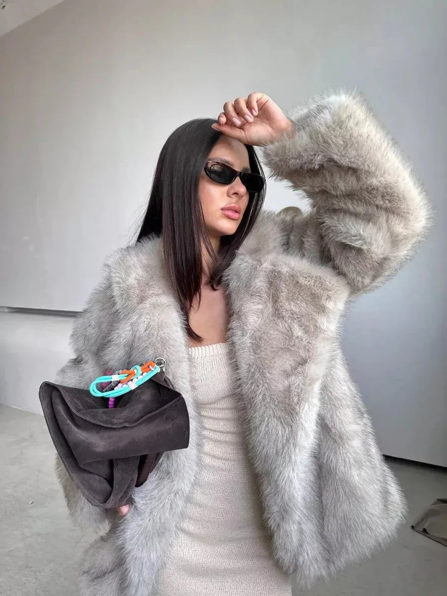 Silver Fox Faux Fur Mid-Length Coat with Oversized Collar - View 6 | TEVQA