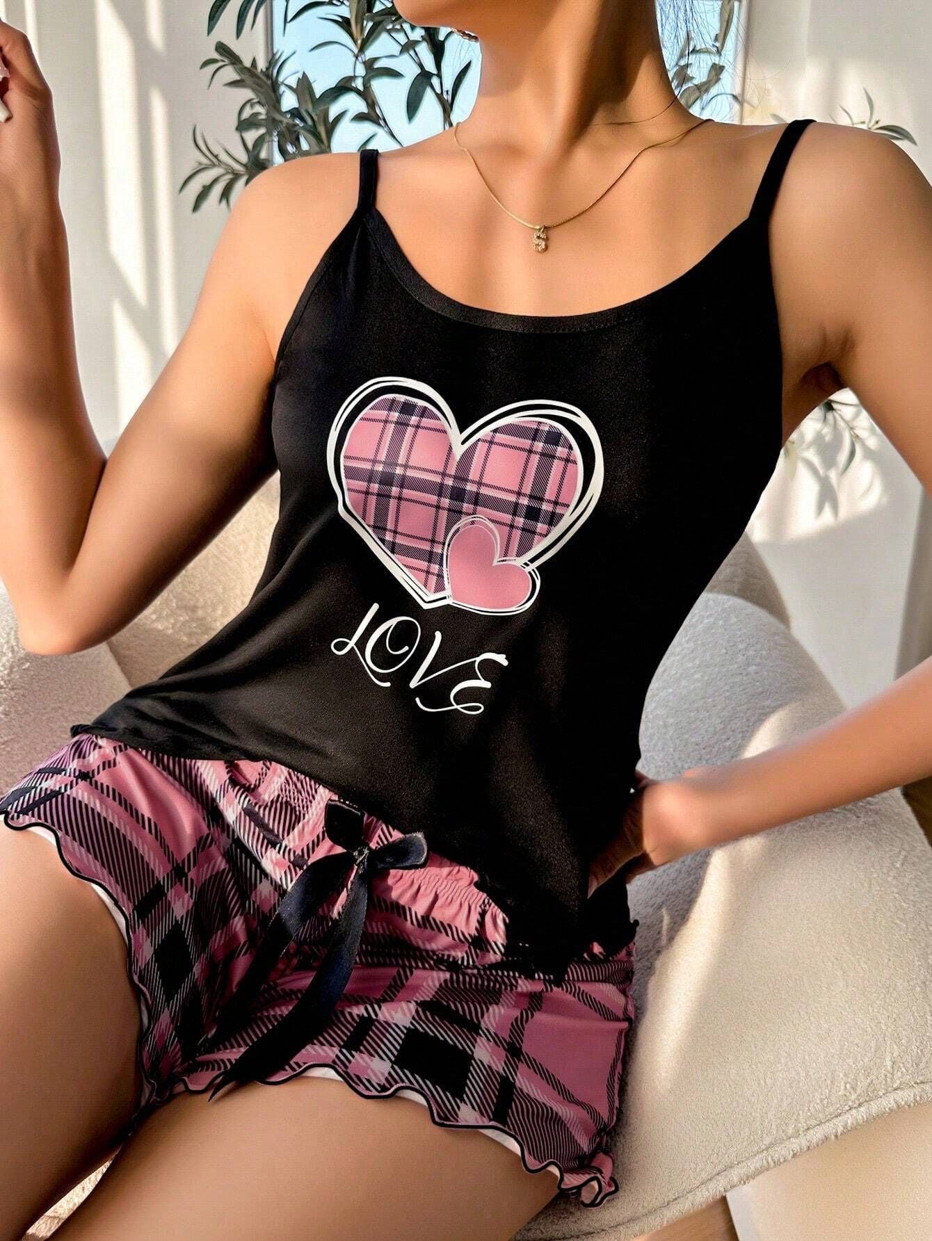 Plaid Heart Print Cami & Shorts Set