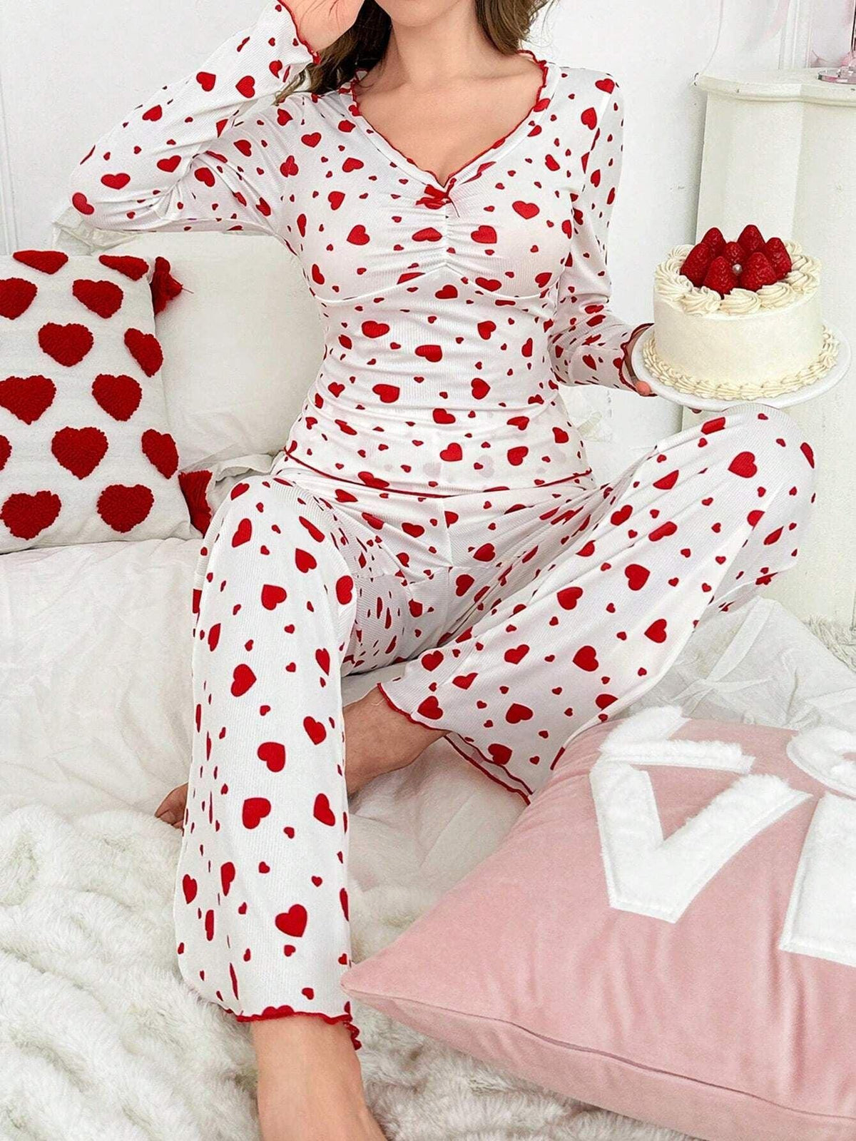 Ribbed Heart Print Pajama Set - View 18 | TEVQA