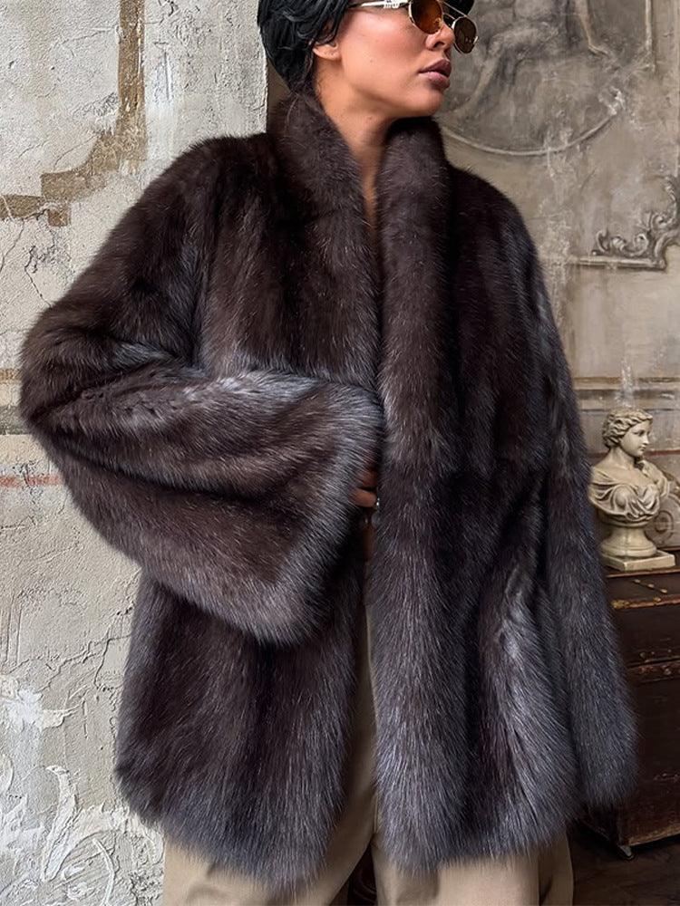 Sophisticated Deep Charcoal Plush Faux Fur Coat - TEVQA Main image