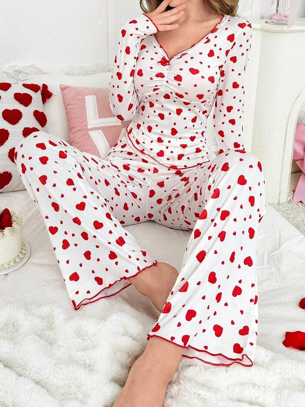 Ribbed Heart Print Pajama Set - View 17 | TEVQA
