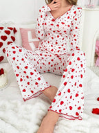 Ribbed Heart Print Pajama Set - View 17 | TEVQA