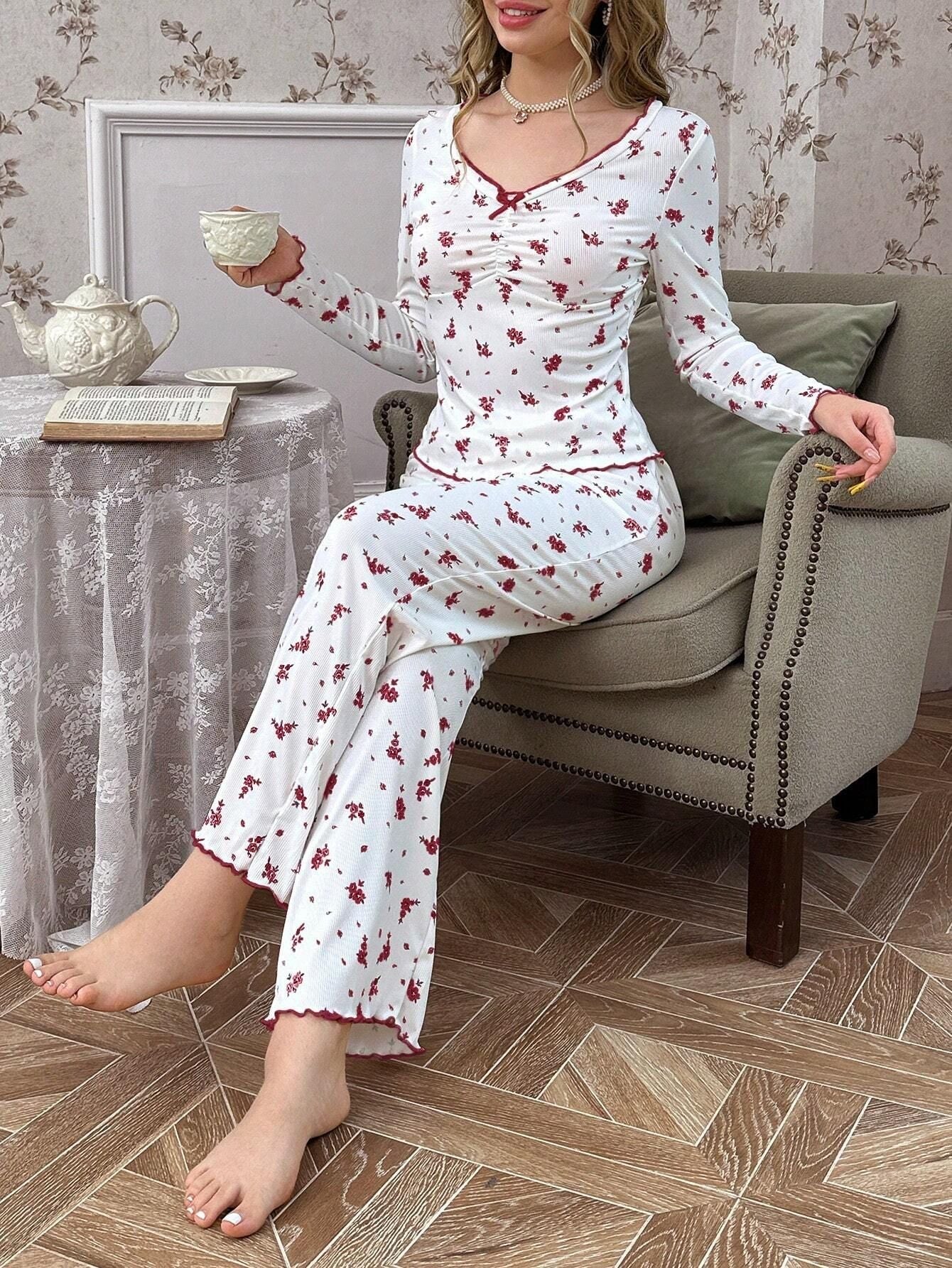 Coquette Ditsy Floral Ribbed Knit Pajama Set
